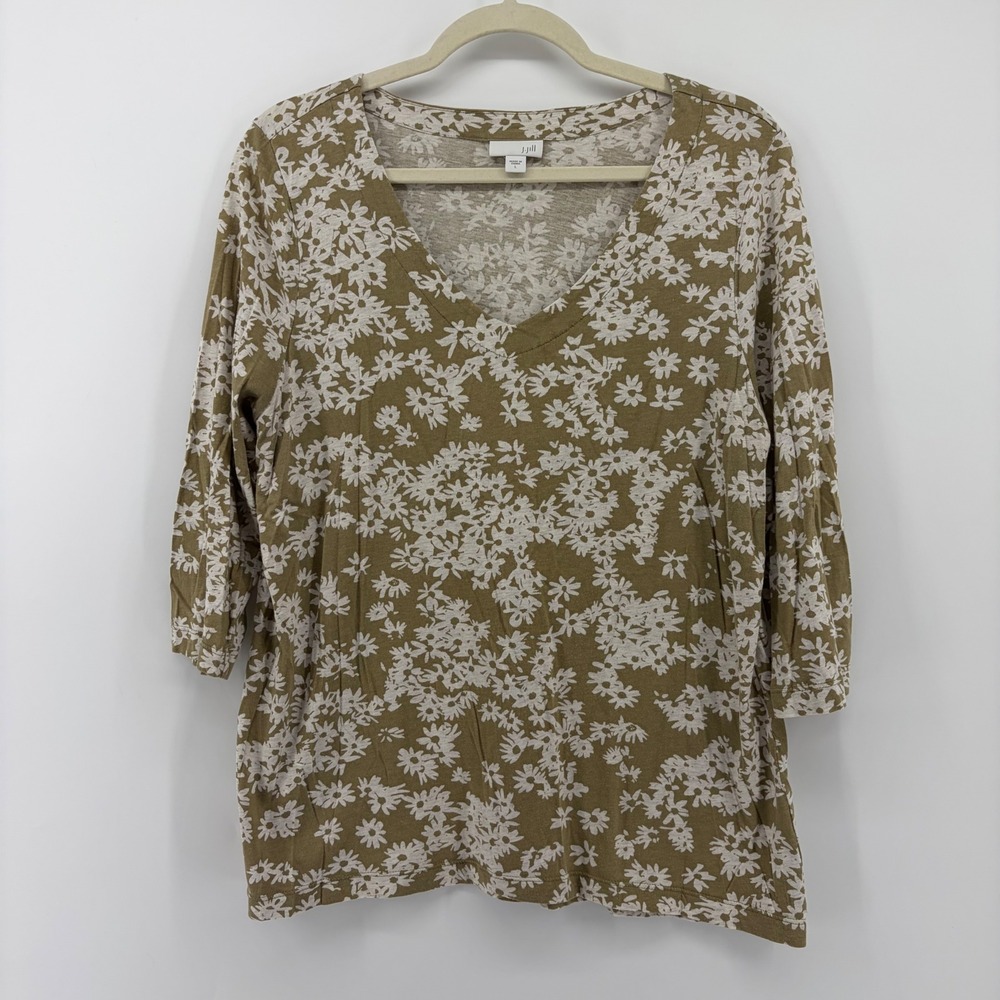 J. Jill Womens L Olive Green Floral‎ V-Neck Top 3/4 Sleeve Cotton Modal Blend